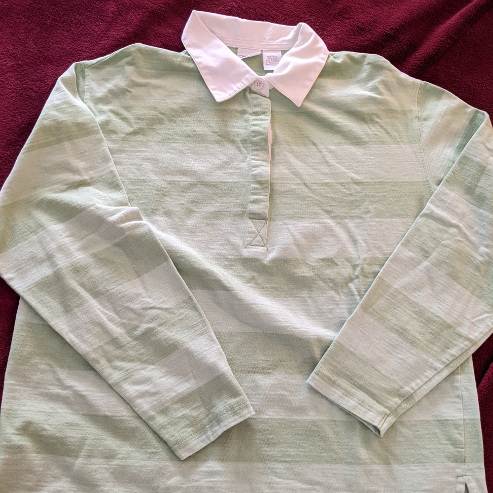 Women's Cherokee Green Striped Rugby with White Collar. Size Large.